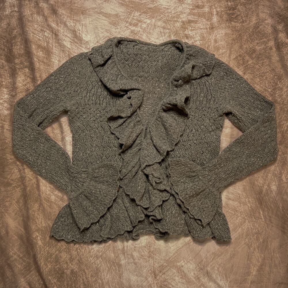 Vintage 90s Ruffled Cardigan Sweater Green Knit Long Sleeve V Neck Fairy Grunge